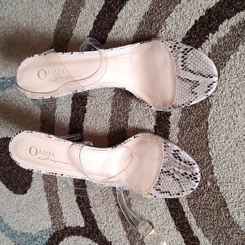 Women's Olivia Jaymes clear strap and heels, snake print trim (size 9l